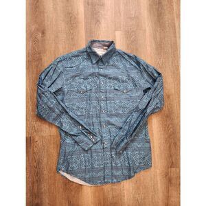 Roper Pearl Snap Southwest design Turquoise  chest pockets Men's Medium cotton